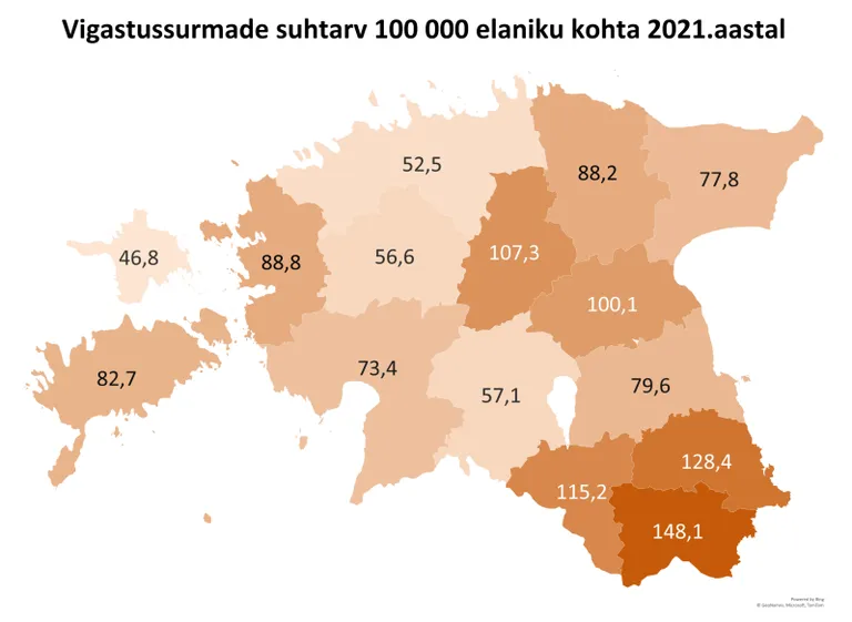 Vigastussurmade suhtarv 100 000 elaniku kohta 2021. aastal.