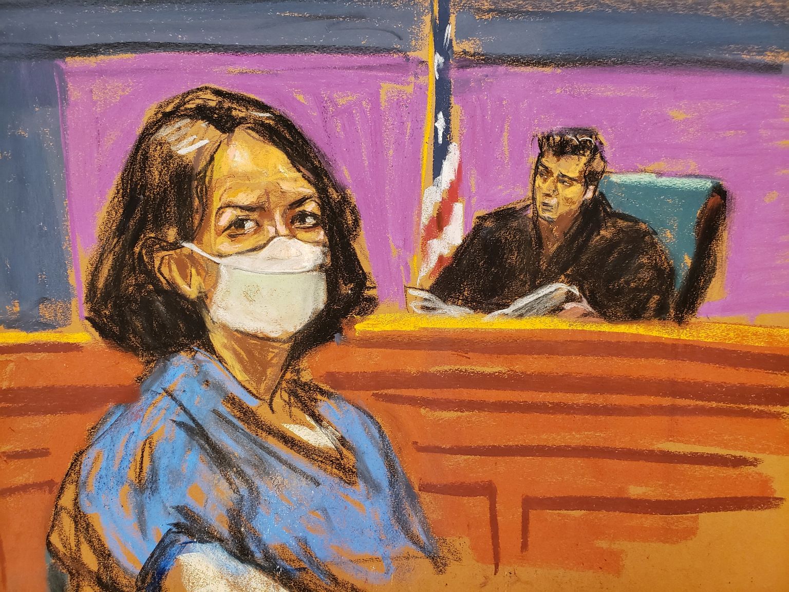 USA kohtukunstniku Jane Rosenbergi joonistus alaealiste tüdrukute kupeldamises süüdi mõistetud Ghislaine Maxwellist 2021. aasta detsembris New Yorgi kohtus. Maxwell kannab 20 aasta pikkust vanglakaristust