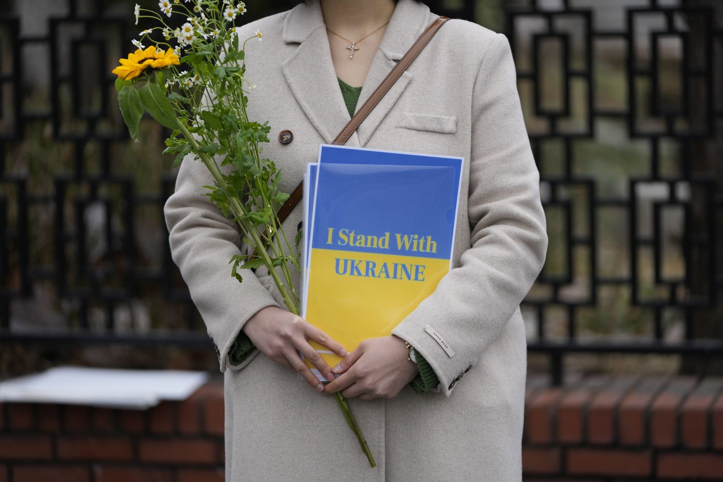 Sieviete Dienvidkorejā ar plakātu Ukrainas atbalstam.