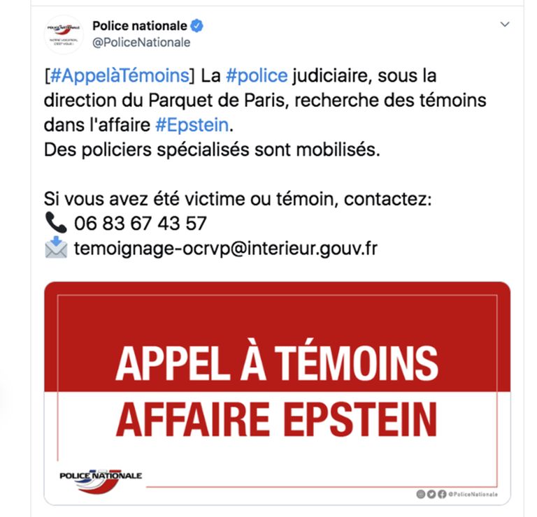 Prantsuse politsei avaldas Twitteris teate, milles kutsutakse Jeffrey Epsteini Prantsusmaa ohvreid ja tema seksuaalkuritegude tunnistajaid endast teada andma