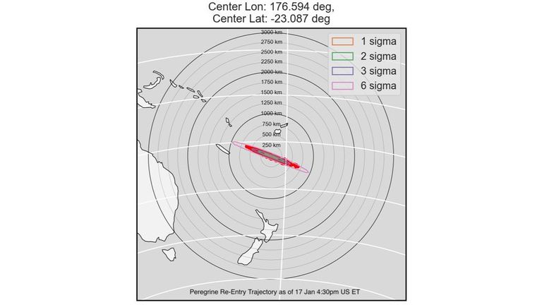 Peregrine sisenes atmosfääri Vaikse ookeani lõunaosas, Austraalia ja Uus-Meremaa lähedal.