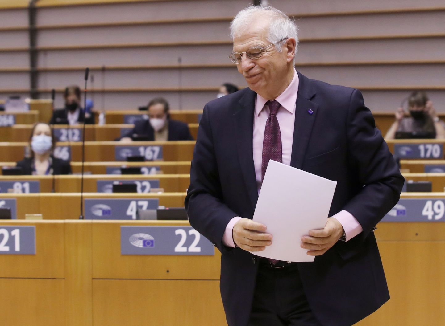 European High Representative of the Union for Foreign Affairs, Josep Borrell  attends a debate following his visit last week to Russia during a plenary session of the European Parliament, in Brussels, on February 9, 2021. (Photo by Olivier HOSLET / POOL / AFP)