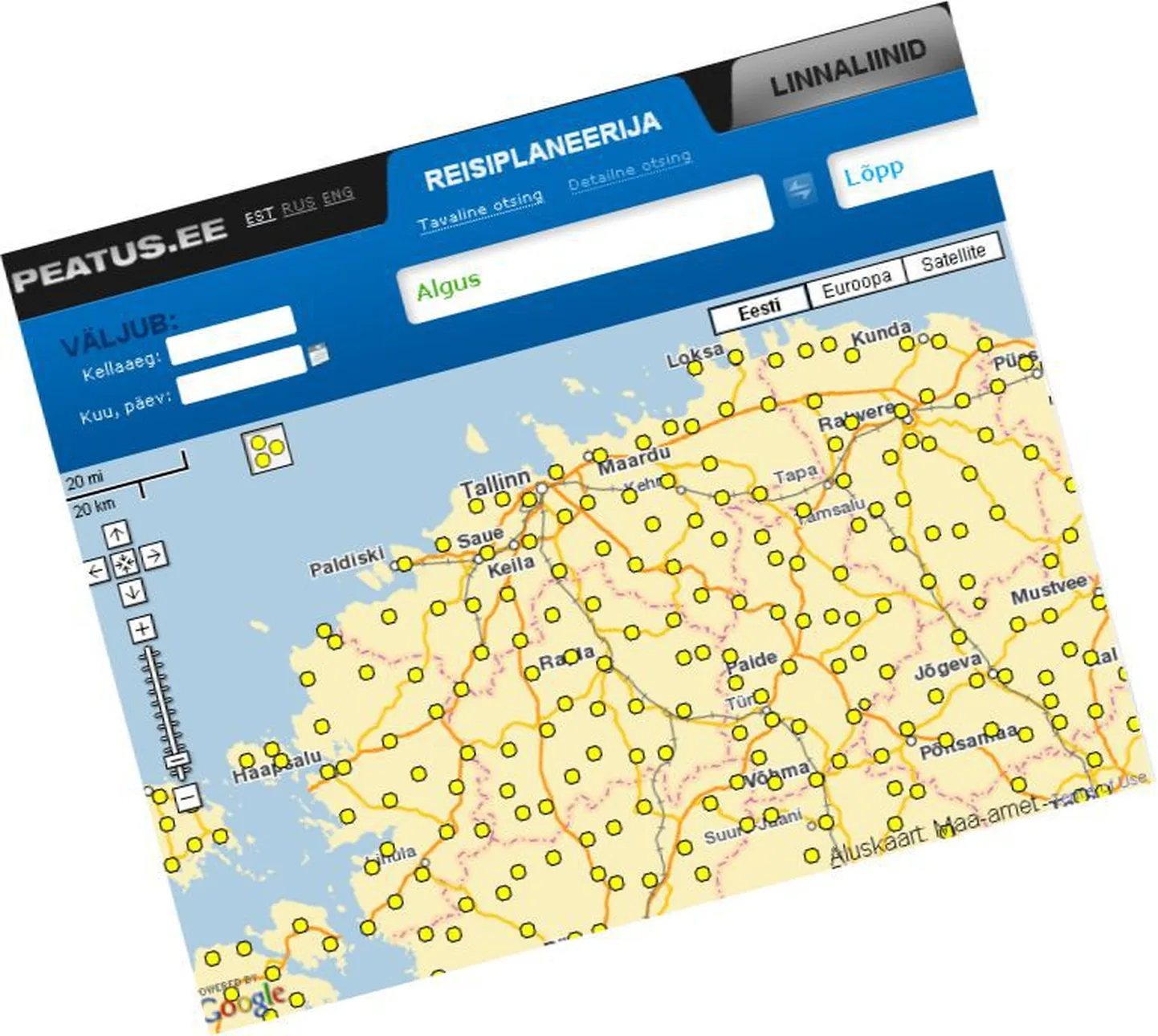 Fragmemnt Eesti reisiplaneerija Peatus.ee avalehelt.