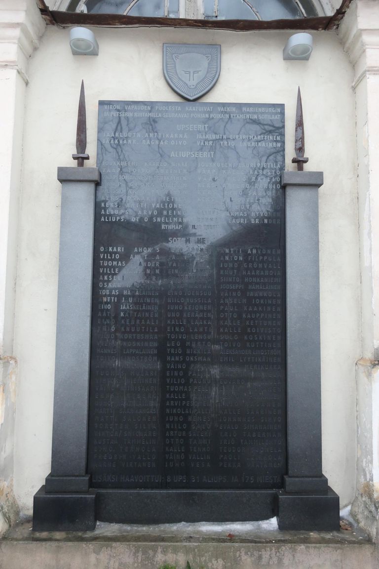 Mälestustahvel Valga Jaani kiriku seinal. Keskmises reas alt seitsmendana leiab ka luuremissioonil langenud Juho Heikki Remese nime.