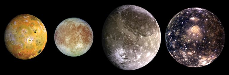 Galileja pavadoņi: secībā no kreisās uz labo Jo, Eiropa, Ganimēds un Kallisto.
