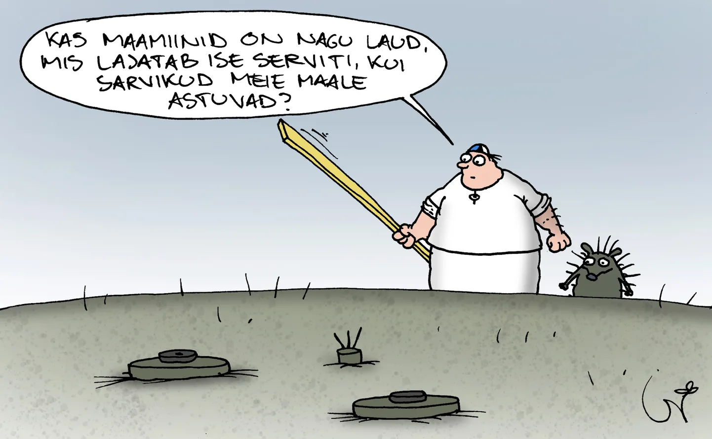 „Are landmines like planks, which deliver a blow edgewise on their own when the horned ones step onto our land?” Caricature by Urmas Nemvalts.