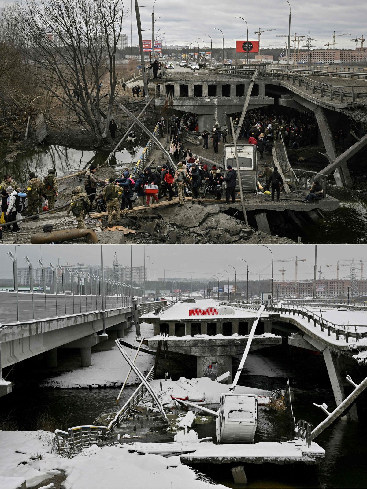 Augšā: civiliedzīvotāji evakuējas pa sapostīto tiltu Irpiņā 2022.gada 5.martā. Lejā: tas pats tilts 2024.gada 10.februārī.