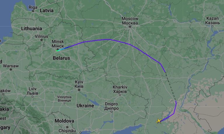 Перелет самолета Евгения Пригожина из Ростова-на-Дону в Минск 27. июня 2023 года.