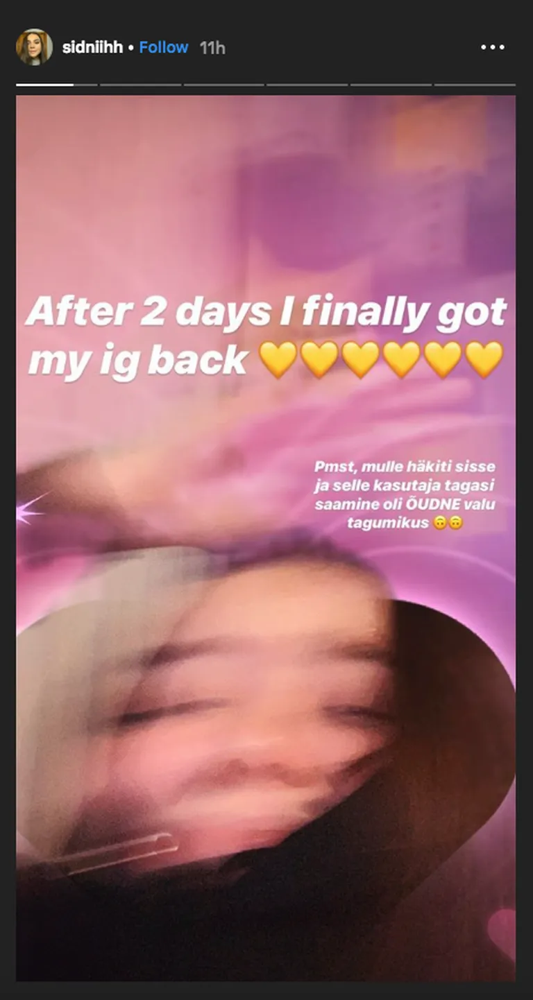 Kuvatõmmis Instagram Story'st: Sidni Instagrami konto kaaperdati.