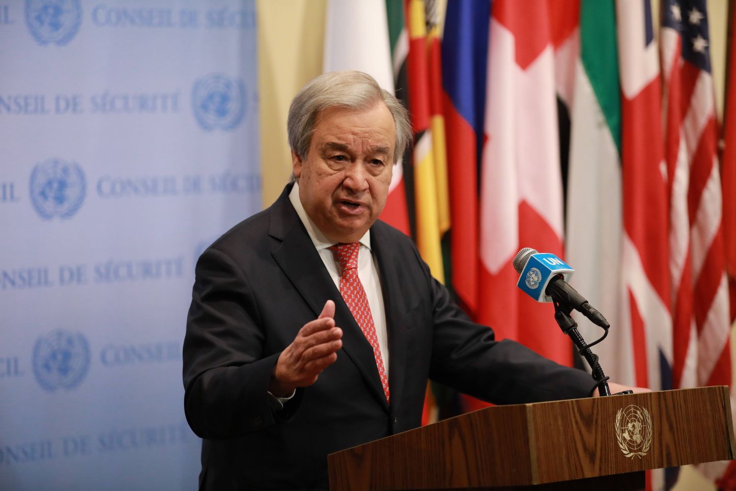 ÜRO peasekretär António Guterres rääkimas maavärinast Türgis ja Süürias ÜRO peakorteris 9. veebruaril.
