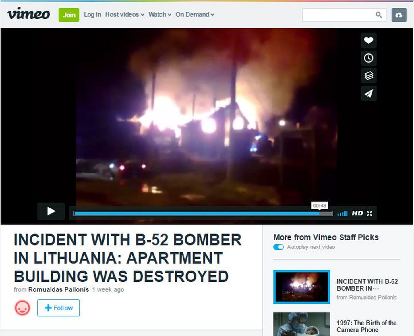 Kuvatõmmis vimeo.com'i keskkonnas olevast libauudisest, et Leedus kukkus elumajale tuumapomm.