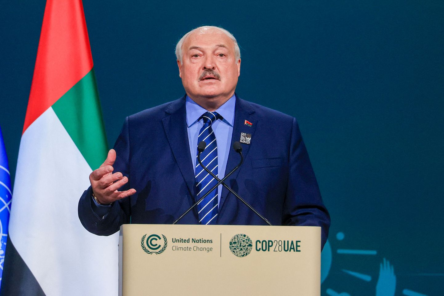 Valgevene režiimi juht Aleksandr Lukašenka esinemas ÜRO kliimatippkohtumisel Dubais 1. detsembril.