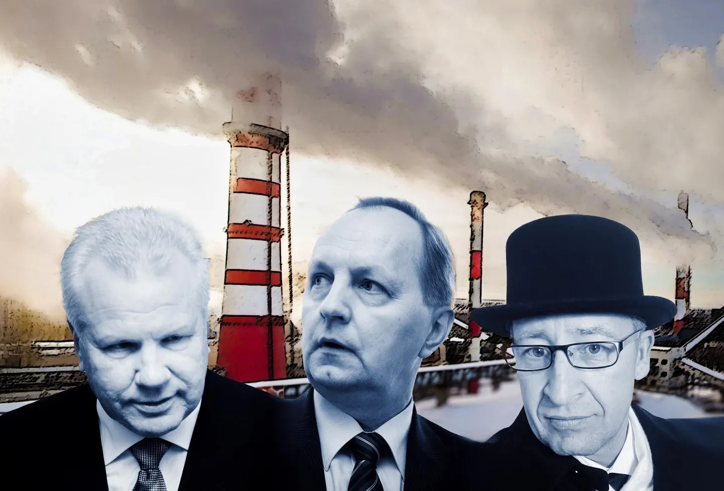 Rein Kuusmik, Aivar Reivik ja Janek Parkman. Taamal põlevkivielektrijaamade korstnad.