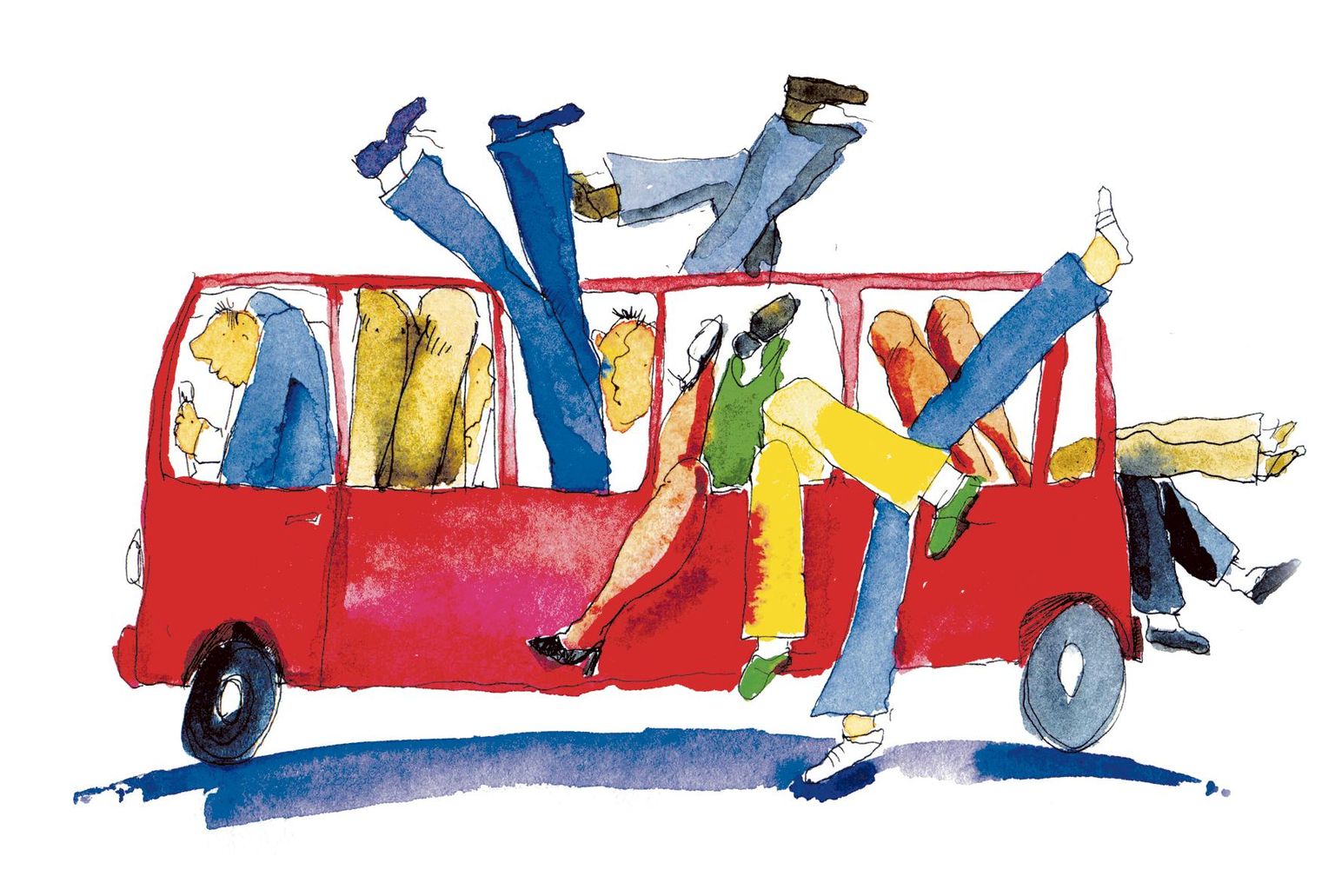 Pikad Eesti inimesed bussis hädas kunstnik Artur Tuuri akvarellijoonistusel.