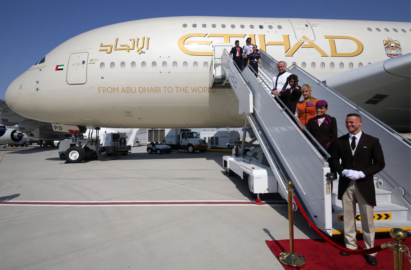 DUBAI, UNITED ARAB EMIRATES. NOVEMBER 12, 2015. An Airbus A380 passenger plane of the Etihad Airways on display at the 2015 Dubai Airshow. Marina Lystseva/TASS