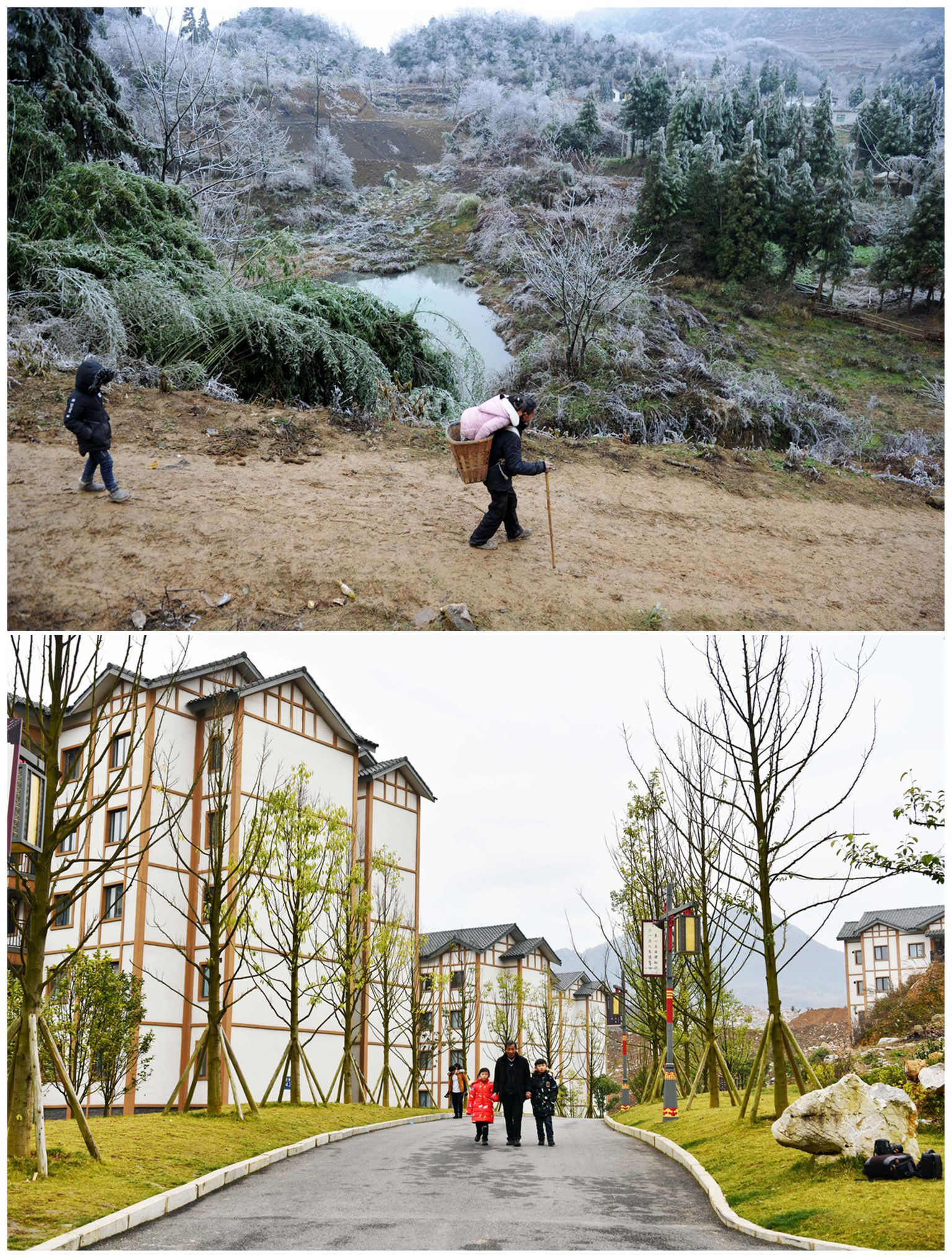Ülemisel pildil: vanasia Li Changde ja ta kaks lapselast Li Qingyi ja Li Siyu liikumas Hetou küla teel 13. detsembril 2018. Alumisel pildil: vanaisa ja ta kaks lapselast oma uues elukohas