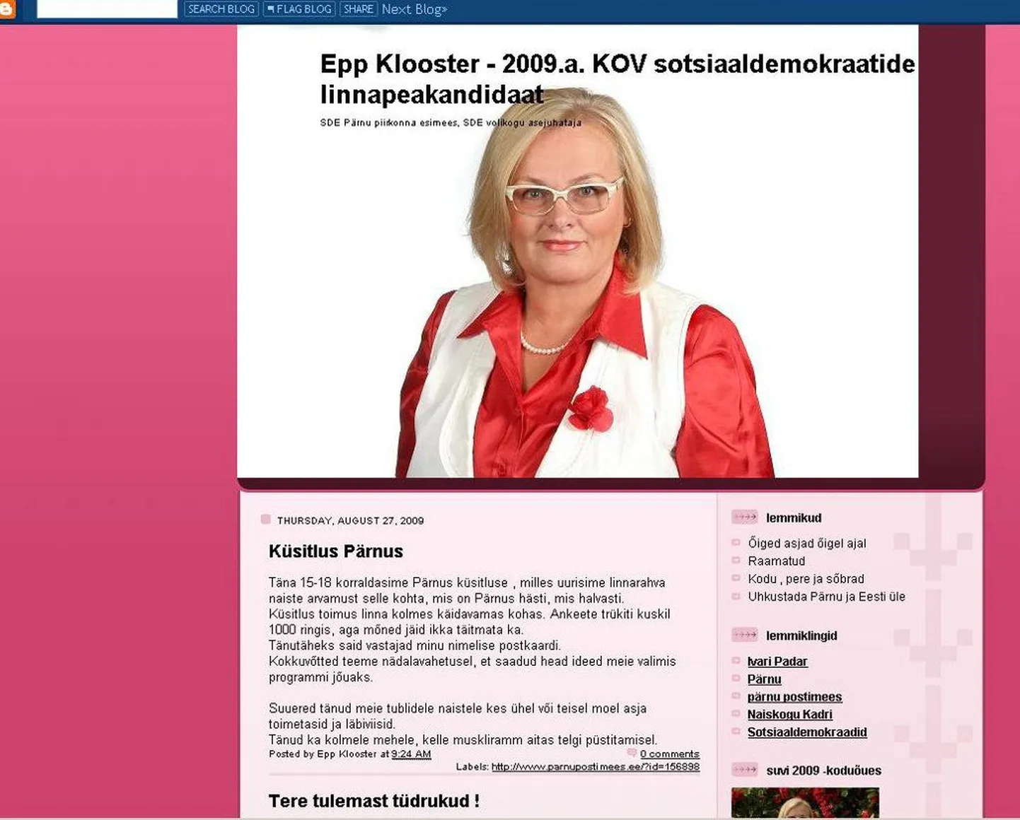 Pärnu sotside linnapakandidaat Epp Klooster hakkas blogi pidama.