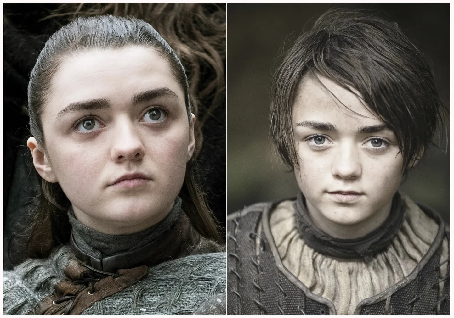 Arya Stark (Maisie Williams) «Troonide mängu» alguses (paremal) ja nüüd