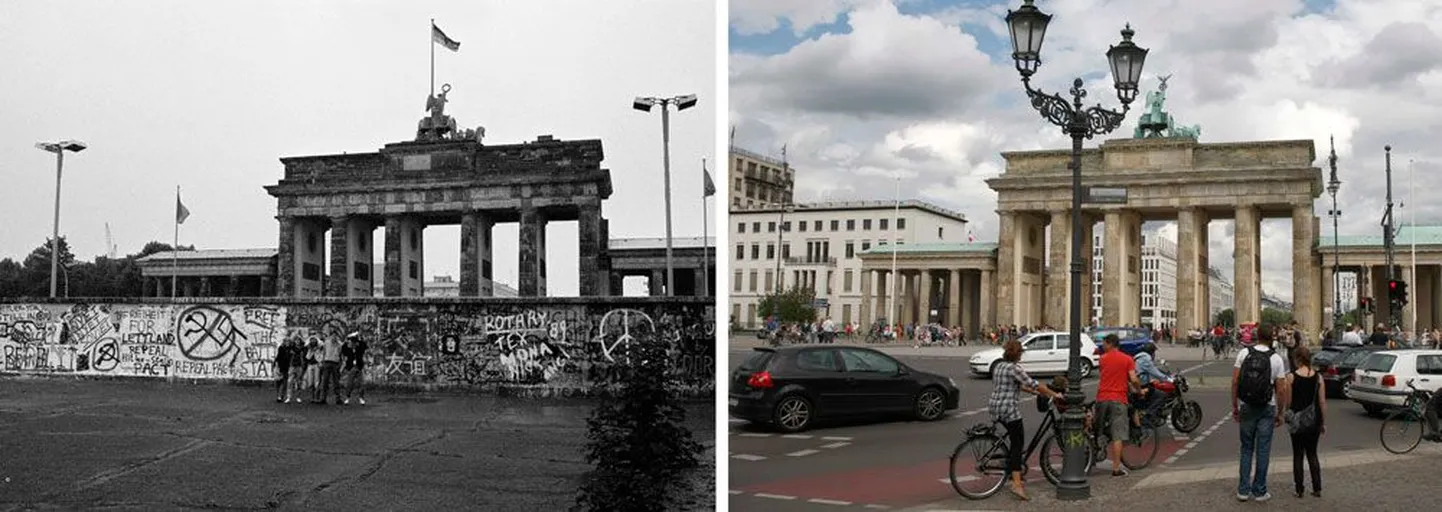 Brandenburgi värav toona ja nüüd: vasakul poseerib grupp turiste 6. juunil 1989 Berliini müüri taustal. Paremal Brandenburgi värav 14. juulil 2009.