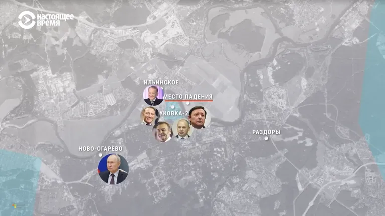 Карта издания «Настоящее Время», демонстрирующая расположение усадеб друзей Путина и место падения одного из беспилотников.