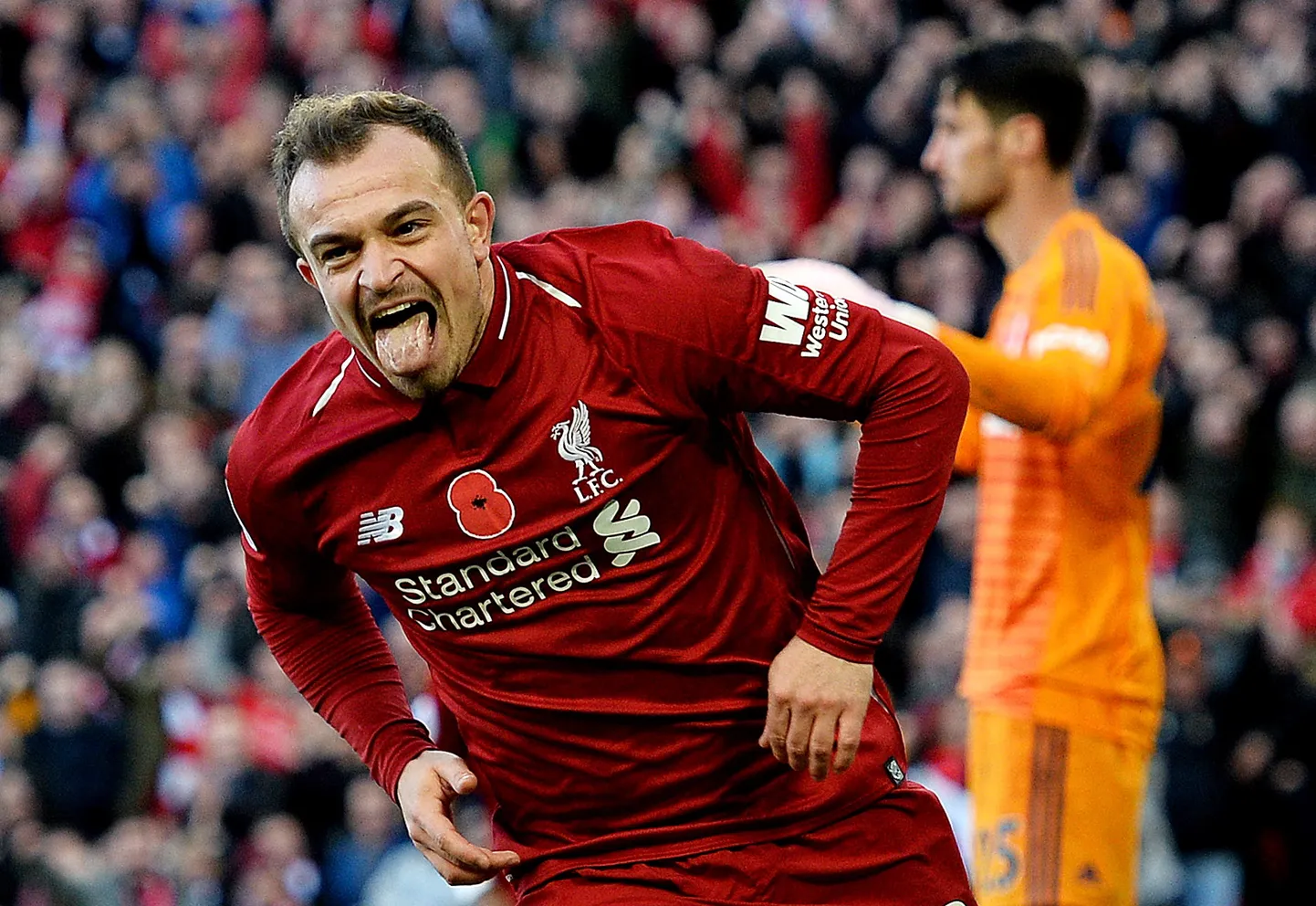 Xherdan Shaqiri tähistab Liverpooli teist väravat.