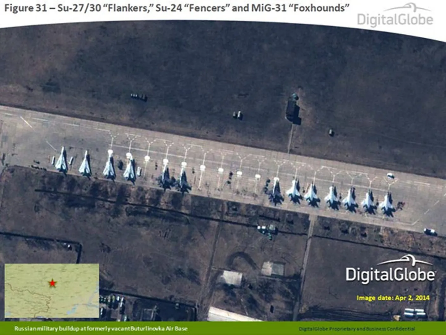 Vene hävitajad SU-27/30, SU-24 and MiG-31 NATO eile avaldatud satelliitpildil. Foto on tehtud Buturlinovka õhubaasis, mis asub Ukraina piirist 150 kilomeetri kaugusel.
