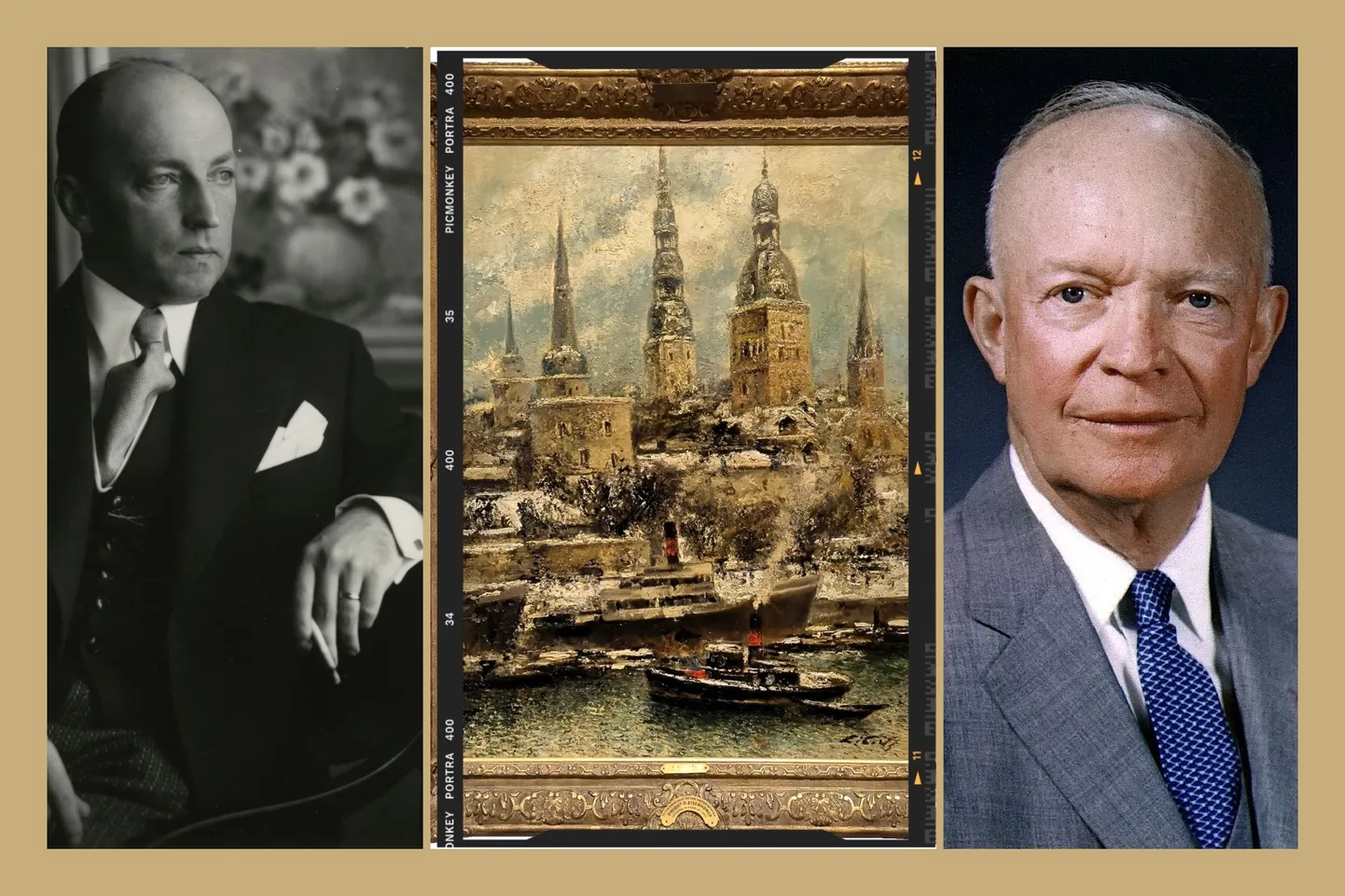 Gleznotājs un scenogrāfs Ludolfs Liberts 20. gs. 30. gadu sākumā, viņa glezna "Rīgas torņi" un tās kādreizējais īpašnieks, ASV prezidents Dvaits Eizenhauers.