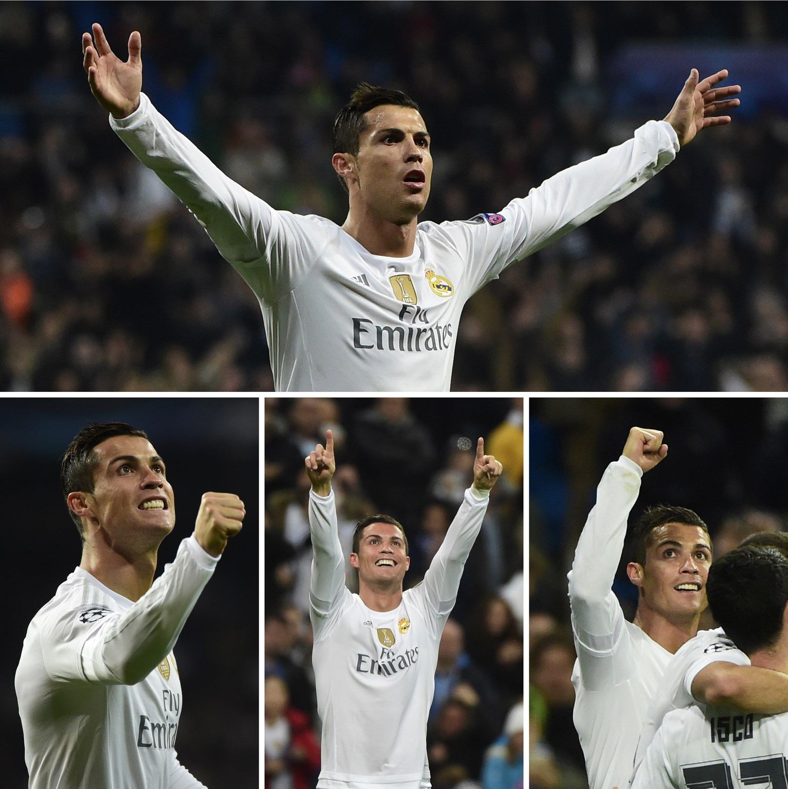 A combination of four pictures taken on December 8, 2015 shows Real Madrid's Portuguese forward Cristiano Ronaldo celebrating respectively his first (Top), (Bottom FromL) second, third and fourth goal during the UEFA Champions League Group A football match Real Madrid CF vs Malmo FF at the Santiago Bernabeu stadium in Madrid. Benzema did a hat trick as Ronaldo scored 4 goals in a 8-0 victory over Malmo FF.   AFP PHOTO/ PIERRE-PHILIPPE MARCOU