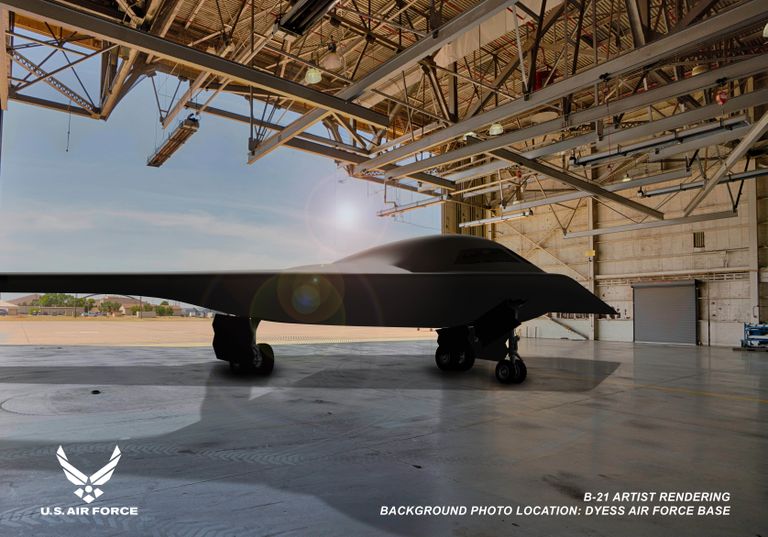 Arvutijoonistus, milles USA uue kaugpommituslennuki B-21 Raider prototüüp on Texases Dyessi õhujõudude baasis
