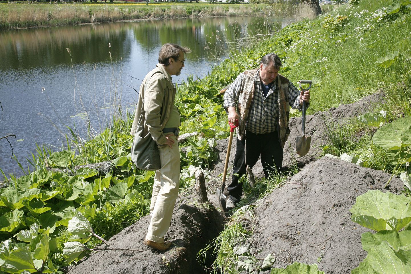 Arheoloogiliste kaevetööde käigus satuti kopra käigule. Pildil vasakult arheoloog Rünno Vissak, kaevetöödel abistab Aare Hinto.