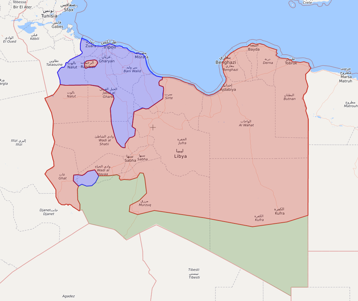 Sarkans: Halifa Haftara un Pārstāvju palātas kontrolē vai ietekmē esoša teritorija;
Zils: Lībijas Vienotības valdības kontrolē vai ietekmē esoša teritorija;
Zaļš: Vietējo cilšu kontrolētas teritorijas;