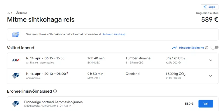 Aeromexico ja koostööpartnerite äriklassi lennud Barcelonast Sao Paulosse on mõistliku hinnaga.