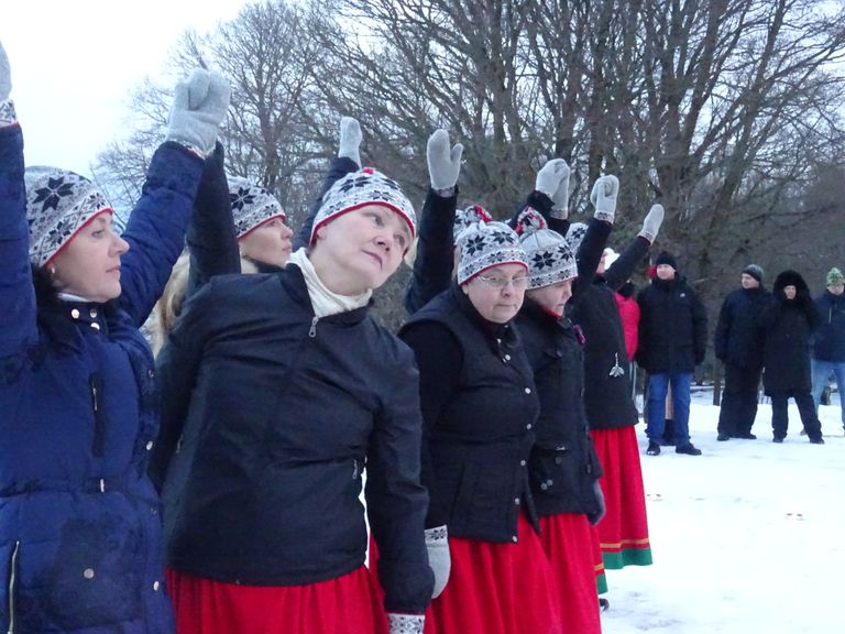 На церемонии поднятия флага выступили местные исполнители народных танцев, а также Смешанный хор северо-восточного побережья и мужской хор "Kaevur".