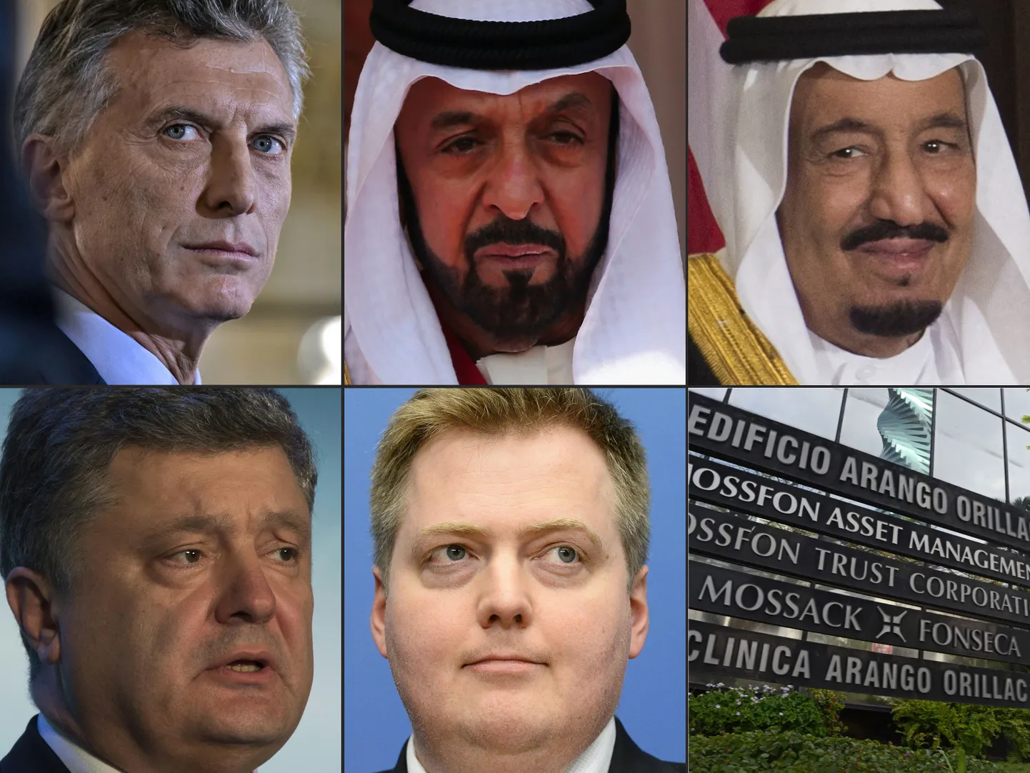 Panama paberites mainitud kuus riigipead (ülevalt vasakult): Argentiina president Mauricio Macri, Araabia Ühendemiraatide president Šeik Khalifa bin Zayed al-Nahayan, Saudi Araabia kuningas Salman bin Abdulaziz, (all vasakult) Ukraina president Petro Porošenko ja Islandi peaminister Sigmundur David Gunnlaugss.