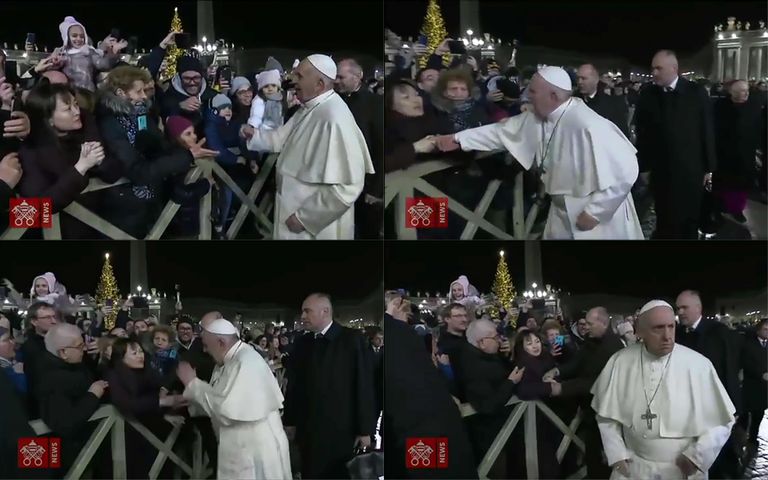 Kaadrid videost, millel on paavst Franciscust näha 31. detsembril 2019 kätlemas Vatikanis Püha Peetruse väljakul katoliiklasi ning lahkumas ärritatuna