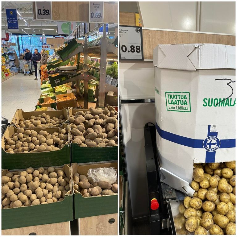 Слева картофель в таллиннском магазине, справа - в магазине в Хельсинки. В нашем магазине представлено два вида картофеля на развес, тогда как в финском супермаркете только один.