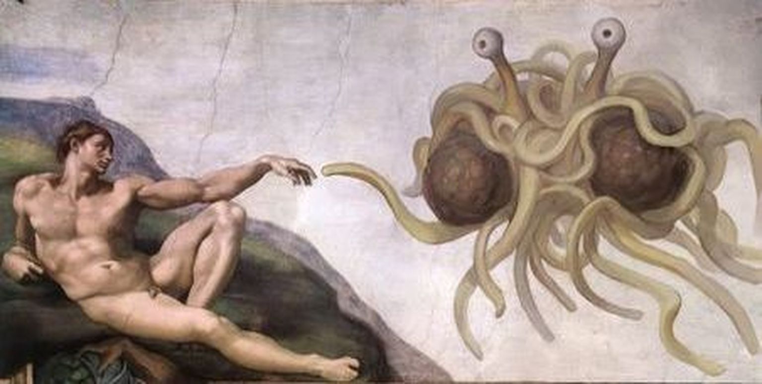 Lendava spagetikoletise kiriku sümbol, mis koosneb spagetidest ja lihapallidest, koos Michelangelo kuulsa maali «Adama loomine» tegelasega