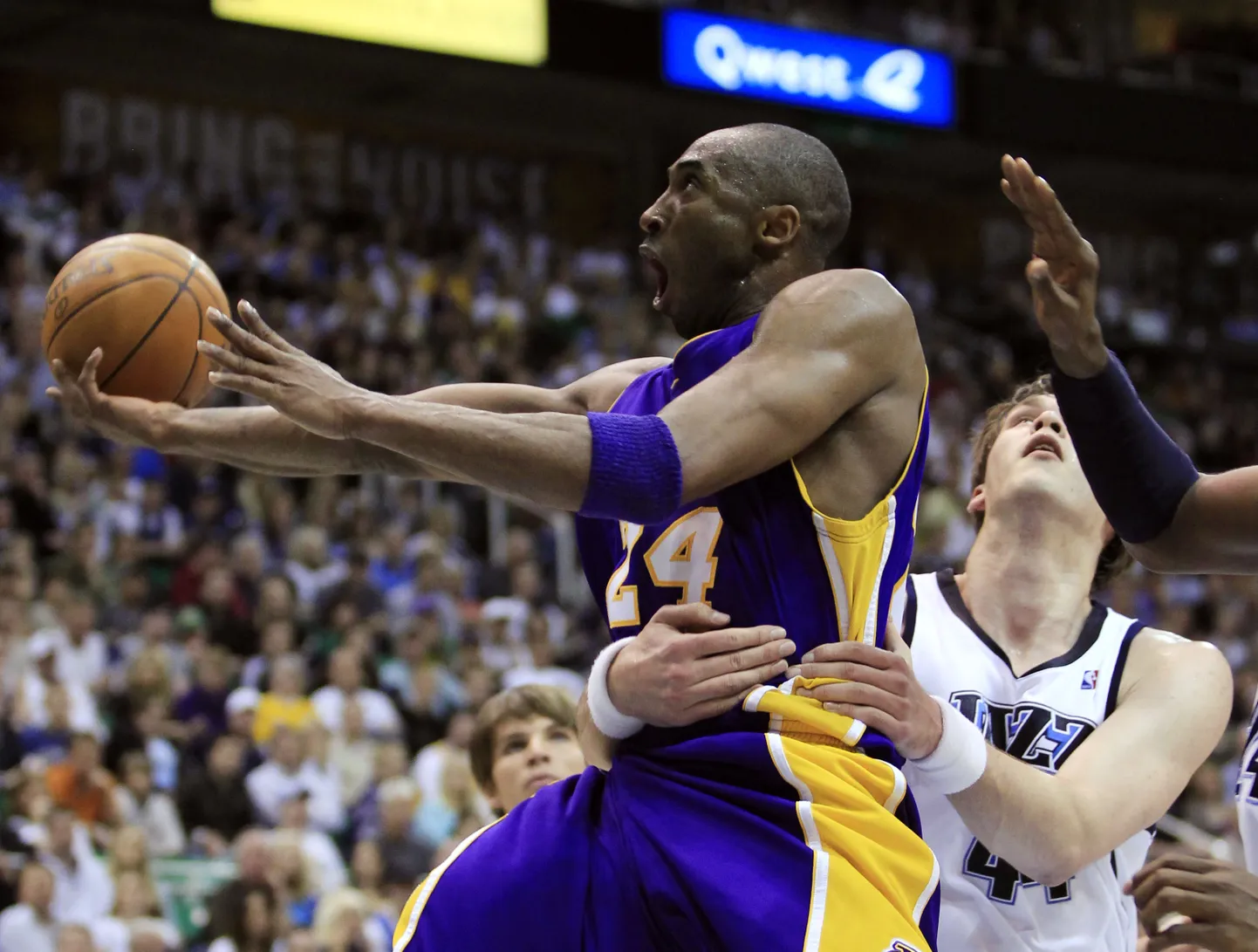 Kobe Bryant (palliga) Kõrõlo Fesenko haardes 2010. aastal.