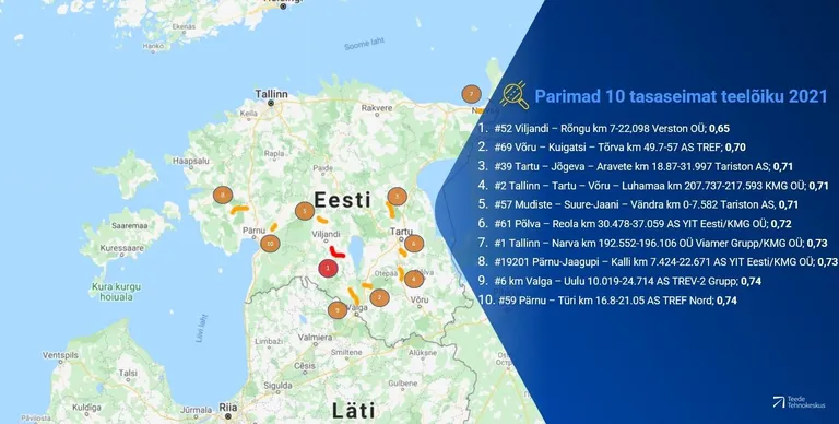 Aasta siledamate uute teelõikude kaart.