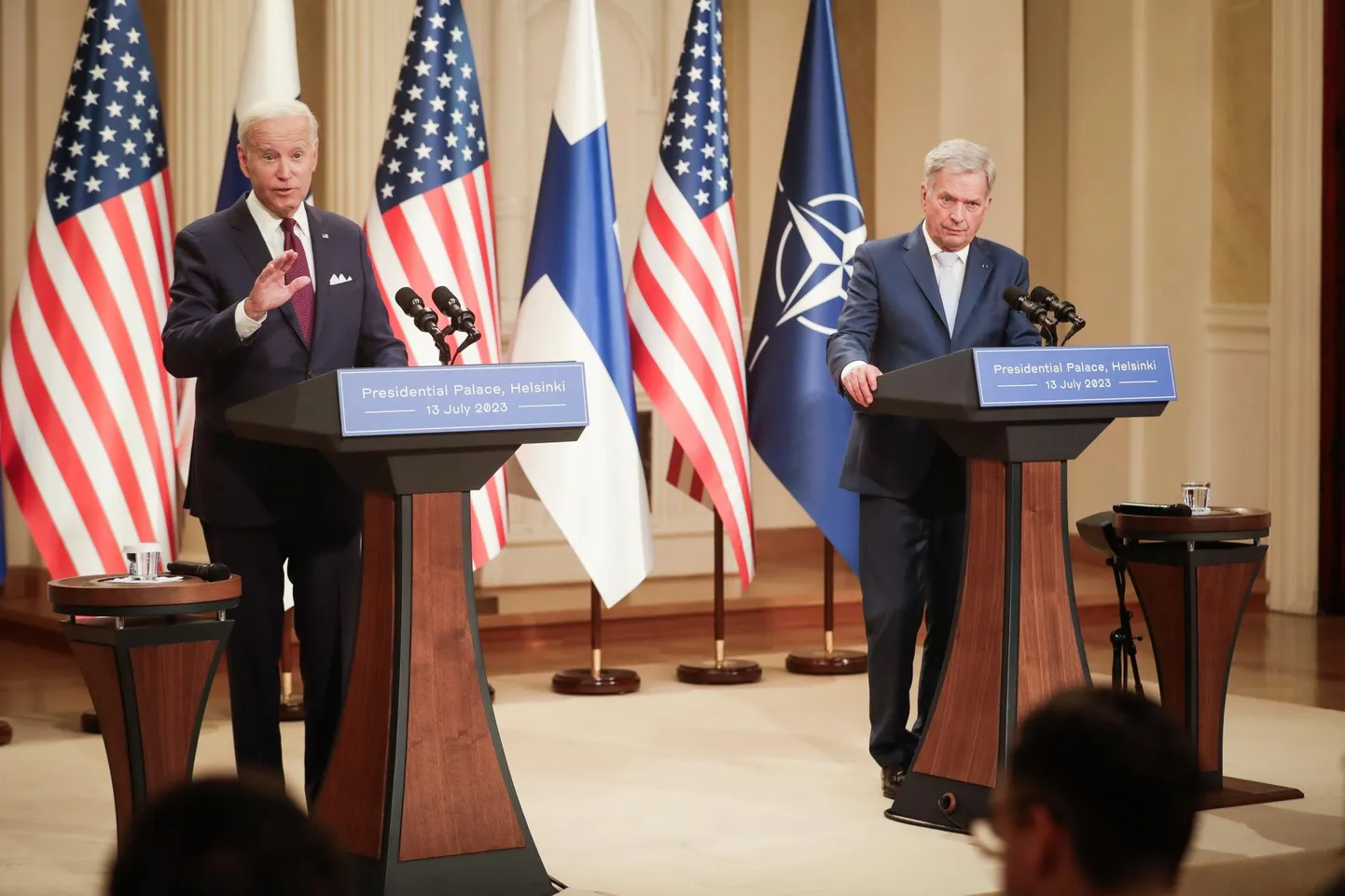 USA president Joe Biden ja Soome president Sauli Niinistö pressikonverentsil.