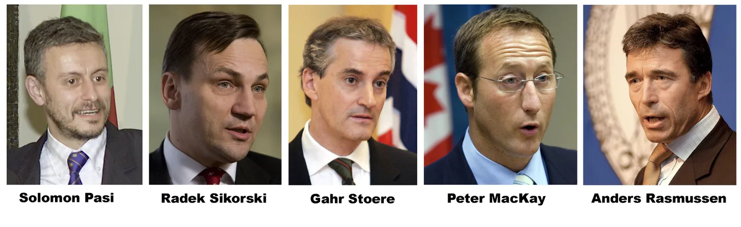 NATO juhi võimalikud kandidaadid vasakult: Bulgaaria endine välisminister Solomon Pasi, Poola välisminister Radoslaw Sikorski (teatas loobumisest), Norra välisminister Jonas Gahr Störe, Kanada kaitseminister Peter MacKay ja Norra peaminister Anders Fogh Rasmussen.