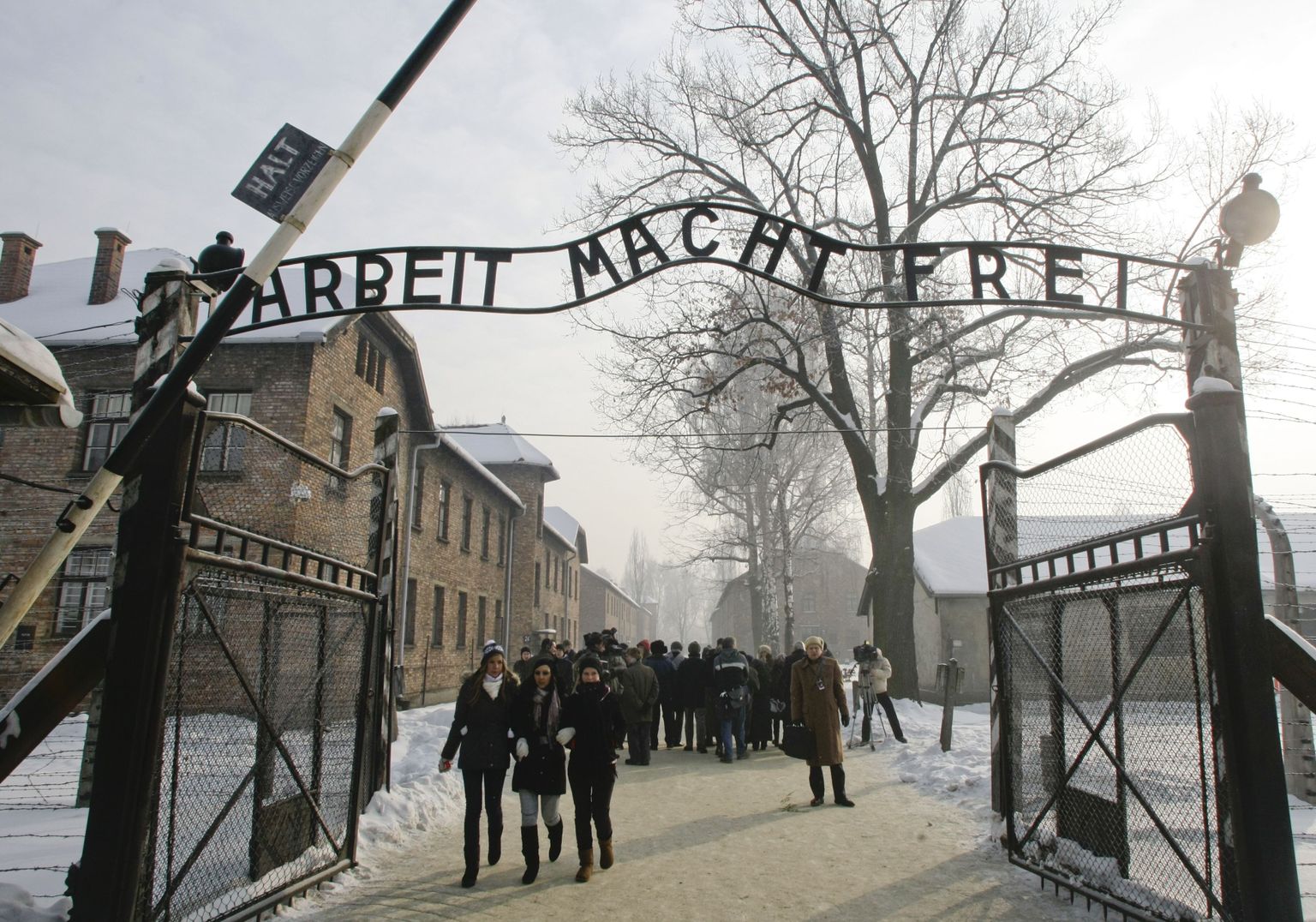 Auschwitzi koonduslaagri peasissekäik, mille kohal on kurikuulus silt «Arbeit macht frei» (Töö teeb vabaks)