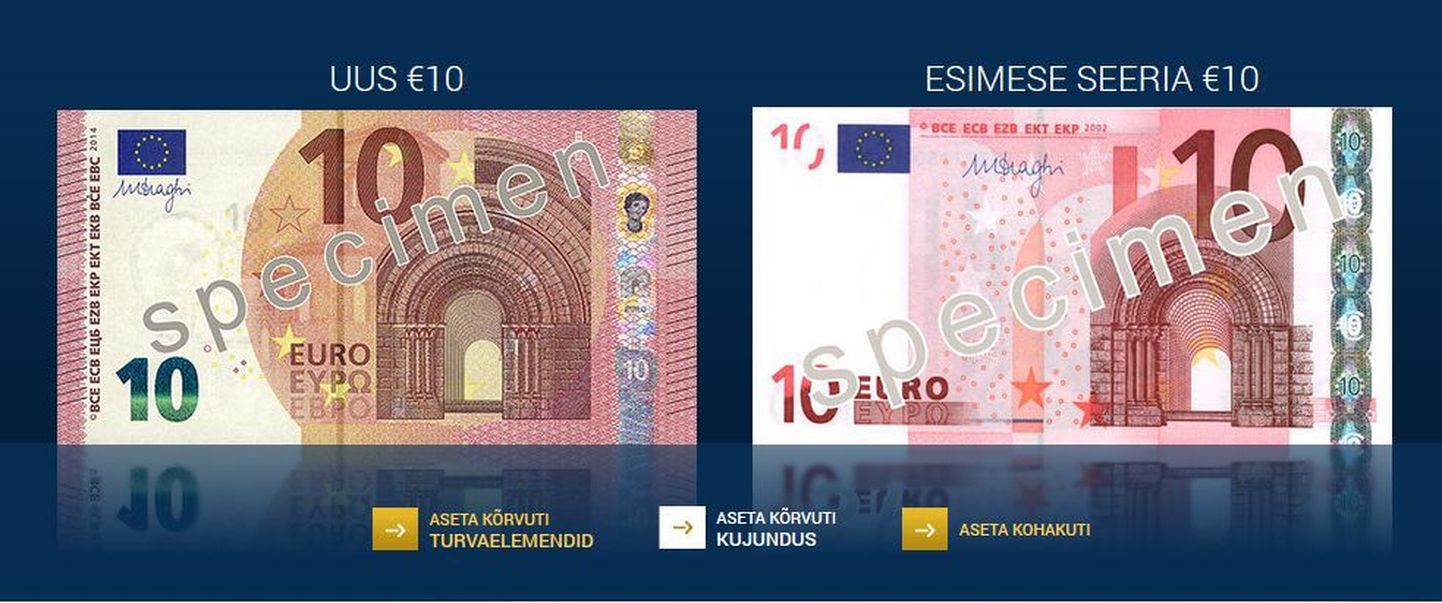 Teise seeria 10-eurone rahatäht (vasakul) võrreldes vana 10-eurosega.