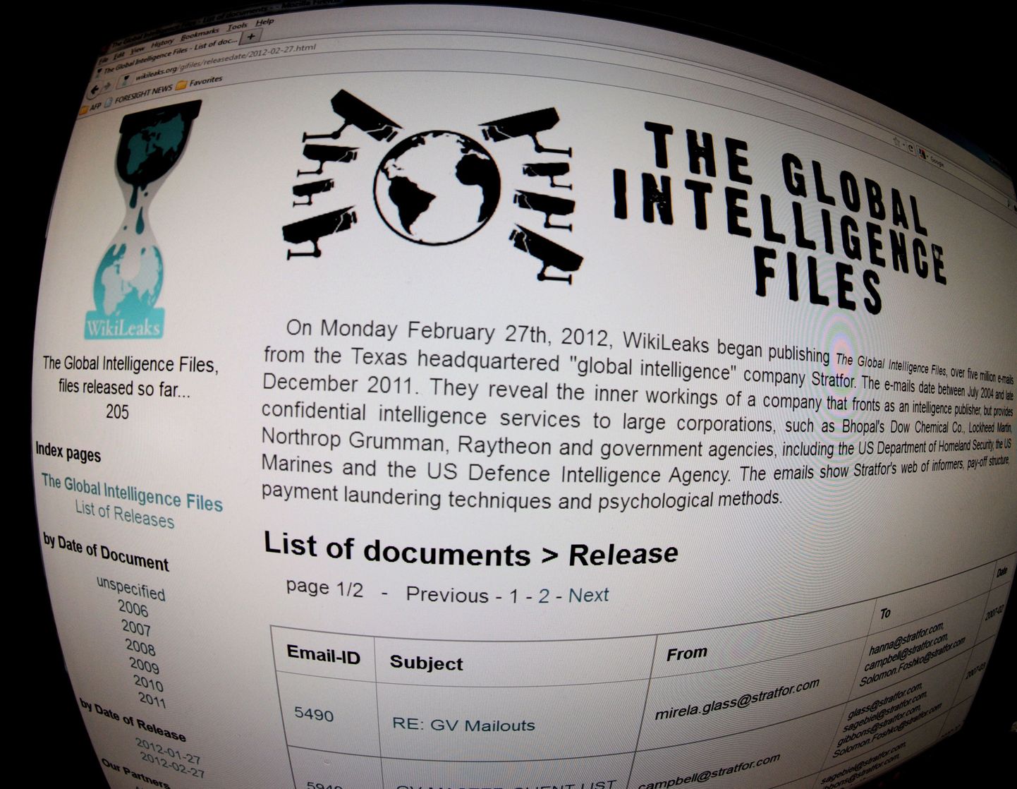Wikileaksi kodulehekülg, kuhu riputatakse üles enam kui viis miljonit eraturvafirma Stratfor e-kirja.