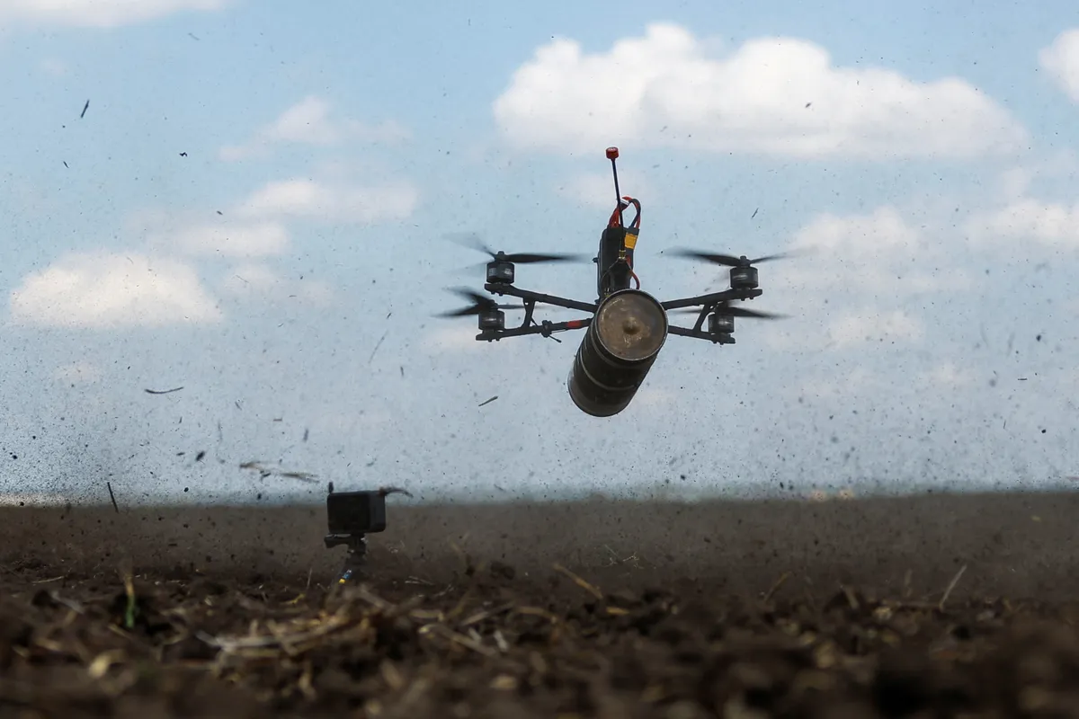 An FPV (first person view) drone during a test flight.