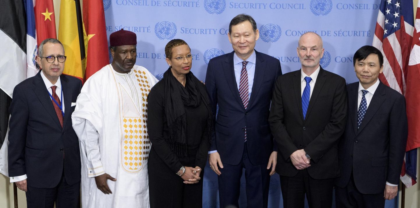 Delegates of the new members of the UN Security Council from left to right: Niger, St Vincent and the Grenadines, Kazakhstan, Estonia and Vietnam