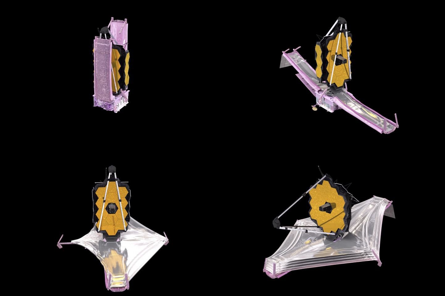 NASA avaldatud arvutijoonistus uuest James Webbi kosmosetelekoobist ja ta lahtipakkimise etappidest