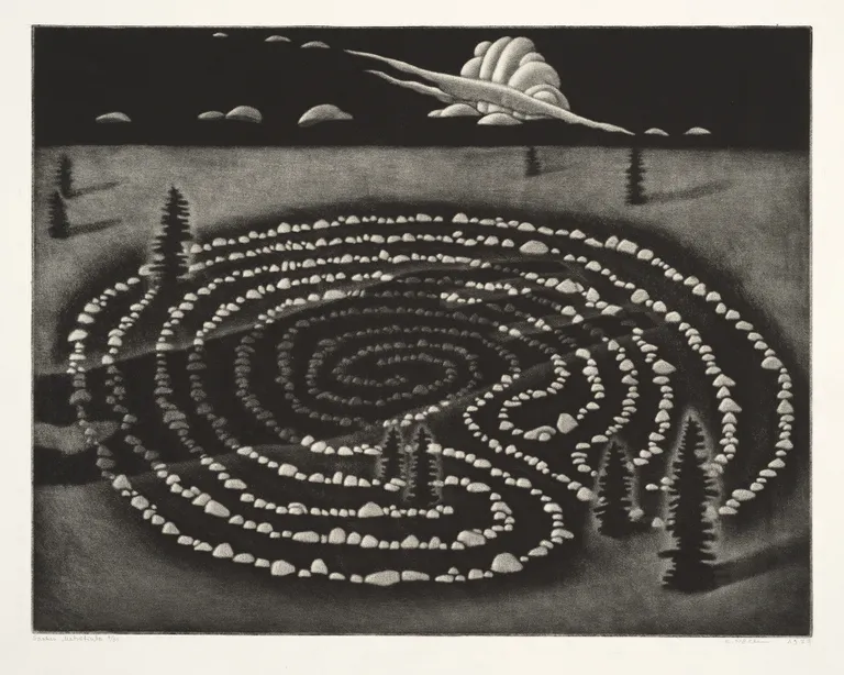 Kaljo Põllu. Saatus. Sarjast «Taevas ja maa». 1987. Metsotinto, paber. Eesti Kunstimuuseum