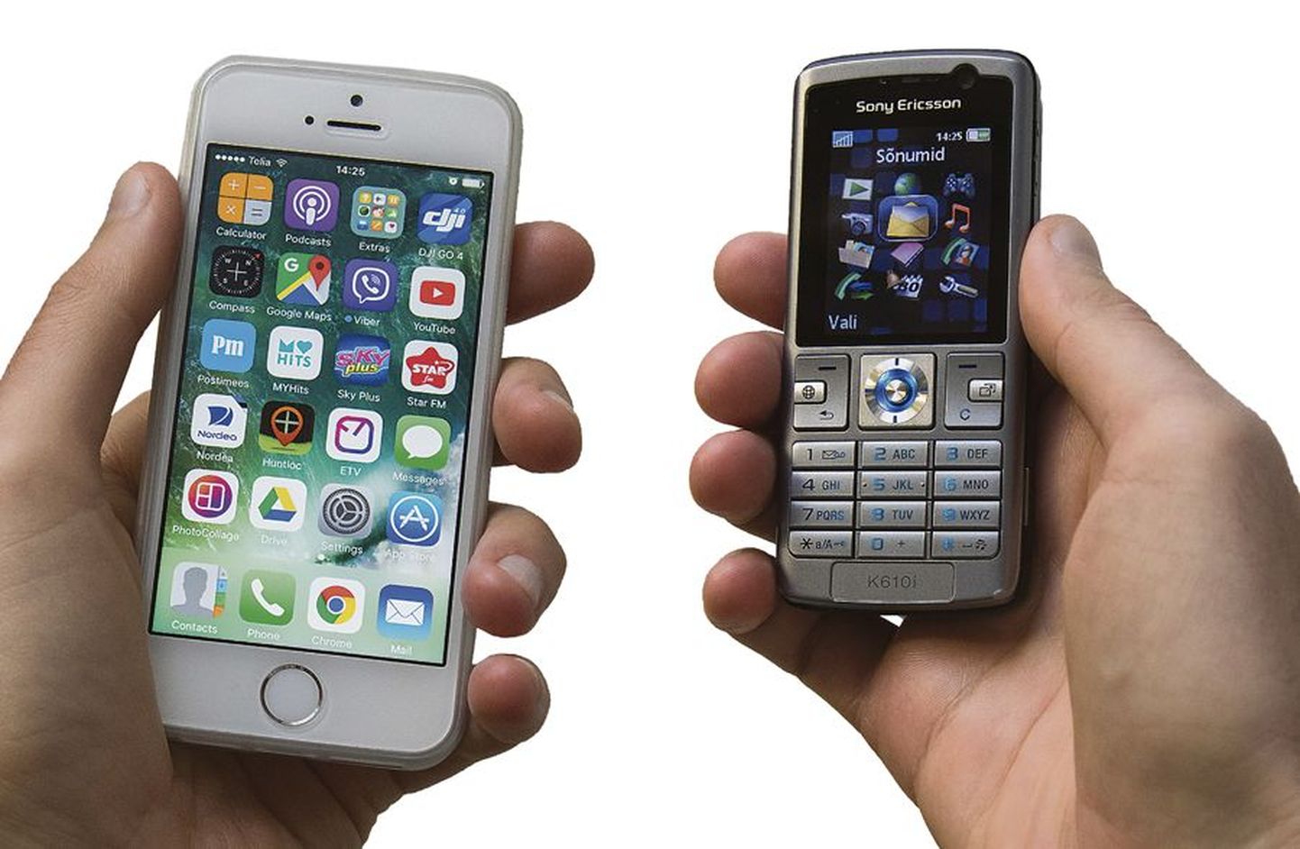 Äsja kasutusse võetud puutetundlik iPhone SE ja üle kümne aasta vanune nuputelefon Sony Ericsson K610i. Selle leheloo autori hinnangul kostab kõne paremini just eakas nuputelefonis.