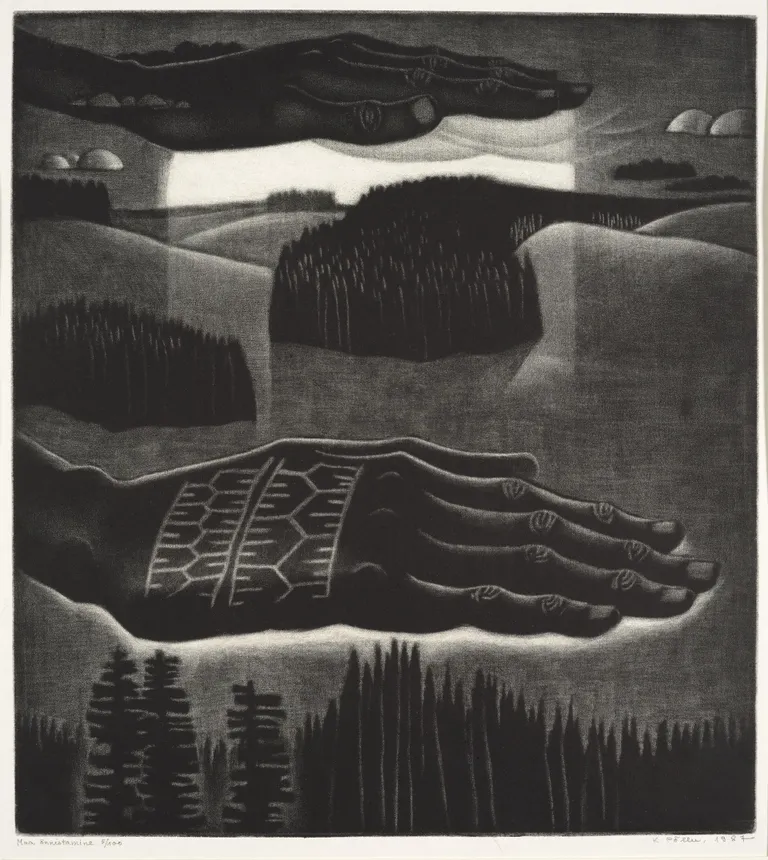 «Maa õnnistamine». Sarjast «Taevas ja maa». 1987. Metsotinto. Eesti Kunstimuuseum.